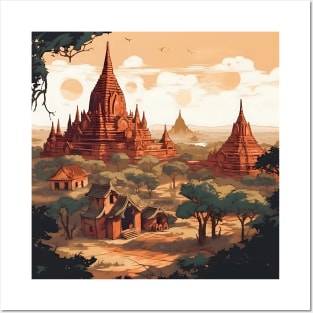 Illustration of Bagan, Myanmar on sunset Posters and Art